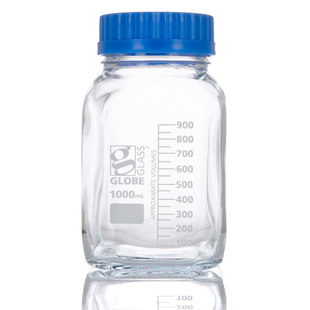 Globe Scientific Bottle, Square Media, Wide Mouth, Globe Glass, 1000mL, GL80 Screw Cap, 10/Box Media bottle;1000ml square media bottle;glass media bottles